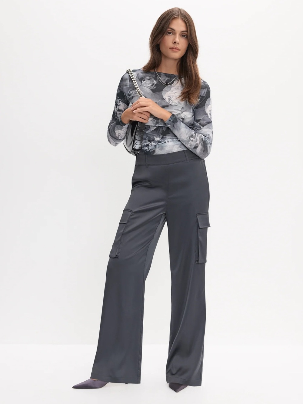 Melanie Lyne Satin Dark Gray Wide-Leg Cargo Pants New Size 4